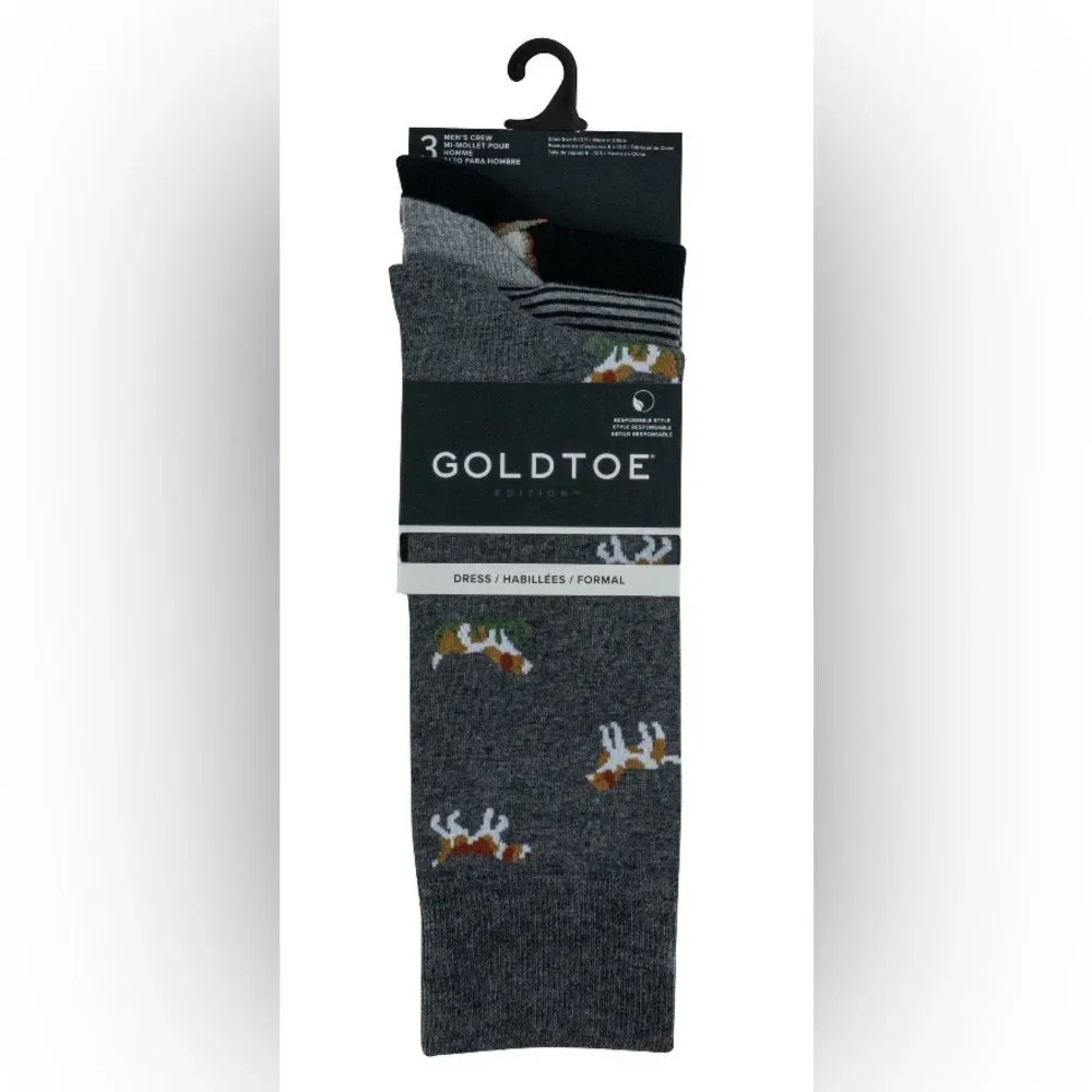 GOLDTOE NEW Men's Dress Crew Socks 3-pack Size 6-12.5 Office Dog Bird Assorted